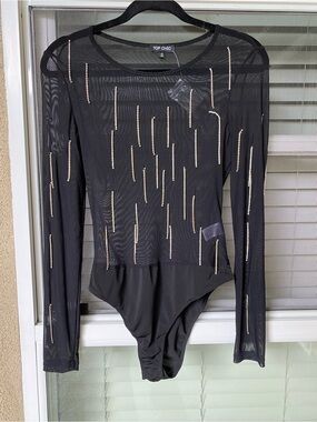 Top Chic Black Long-Sleeve Mesh Bodysuit with Rhinestone Accents
